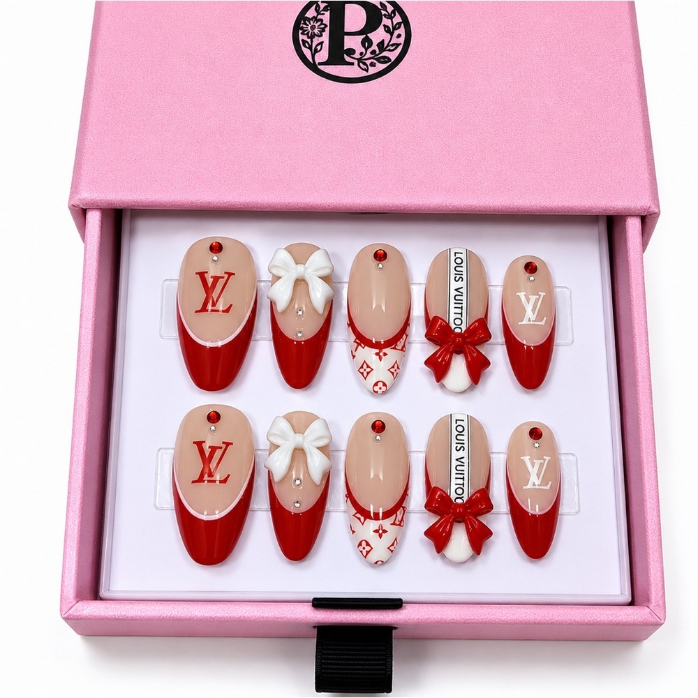 10PC premium luxury Press On nails almond  red with Rhinestone logo designer